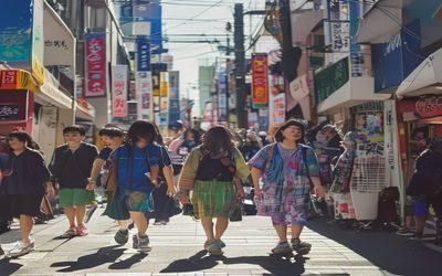 东京原宿2026夏季日系时尚街拍，穿着层叠古着的年轻人在竹下通行走，色彩鲜艳充满创意